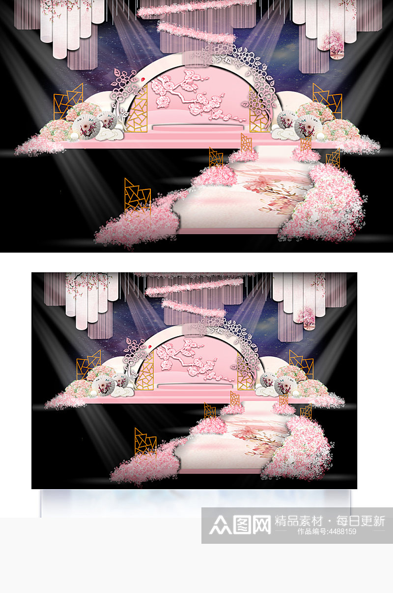 新中式婚礼效果图粉色清新合影迎宾背景板素材