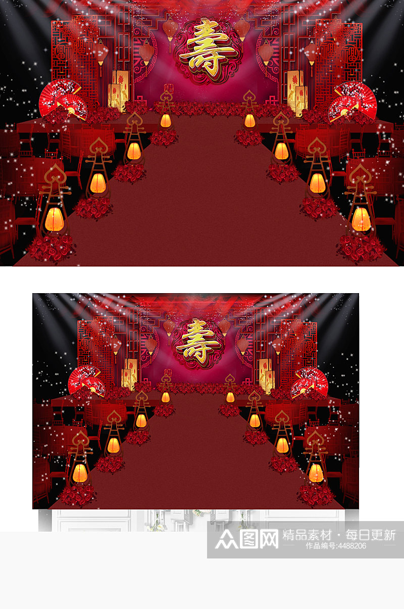 红色中国风中式寿宴舞台效果图仪式区生日宴素材