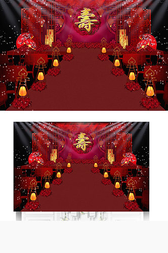 红色中国风中式寿宴舞台效果图仪式区生日宴