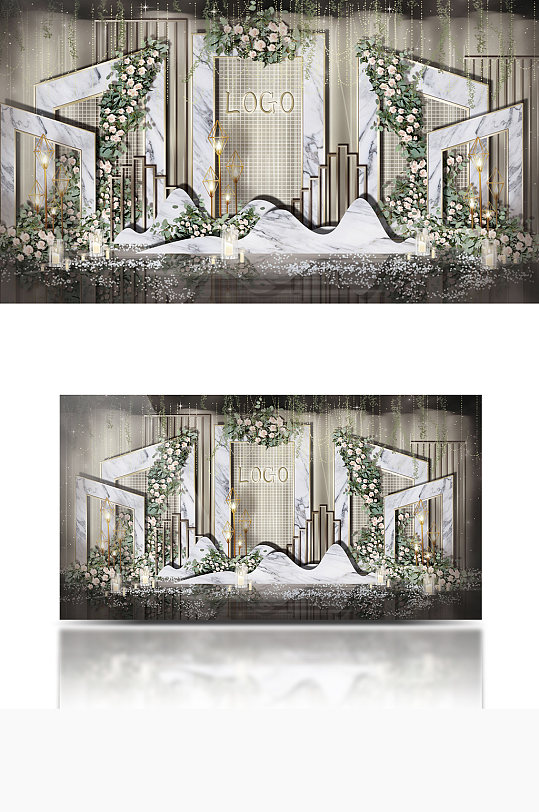 大理石纹简约婚礼迎宾工装效果图合影背景板-众图网