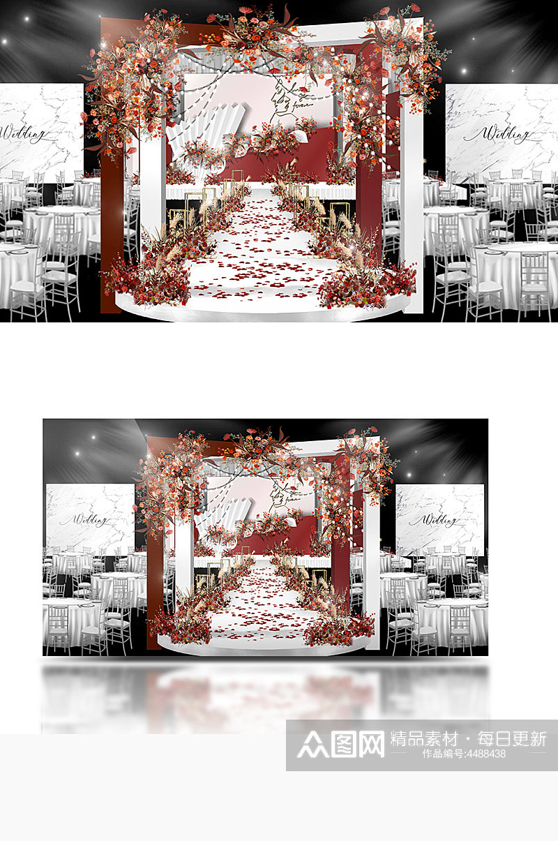 红白撞色婚礼效果图舞台仪式区浪漫素材