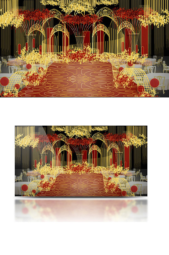 红金色欧式婚礼主舞台效果图设计仪式区
