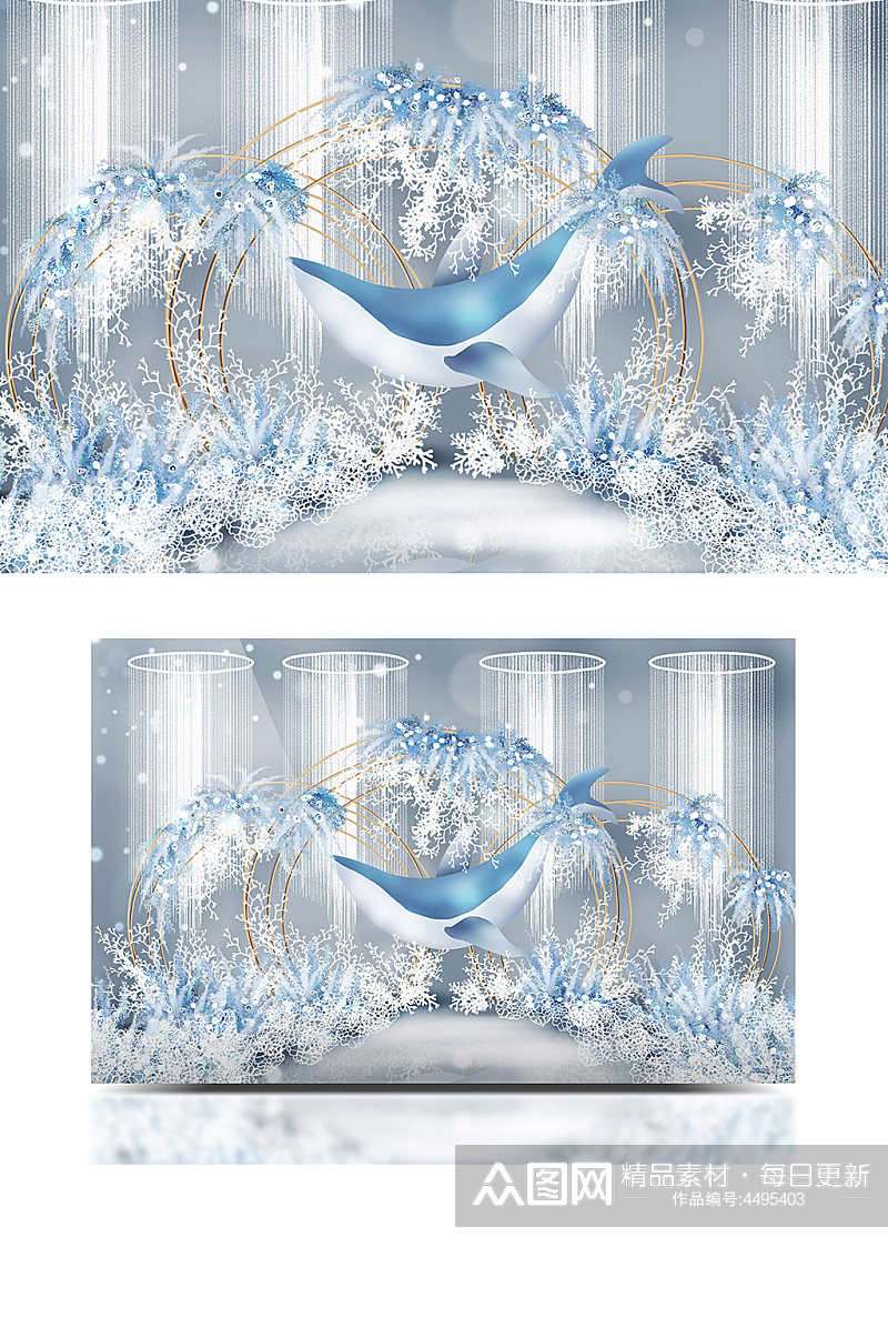 淡蓝白色唯美梦幻海豚珊瑚海洋婚礼效果图素材