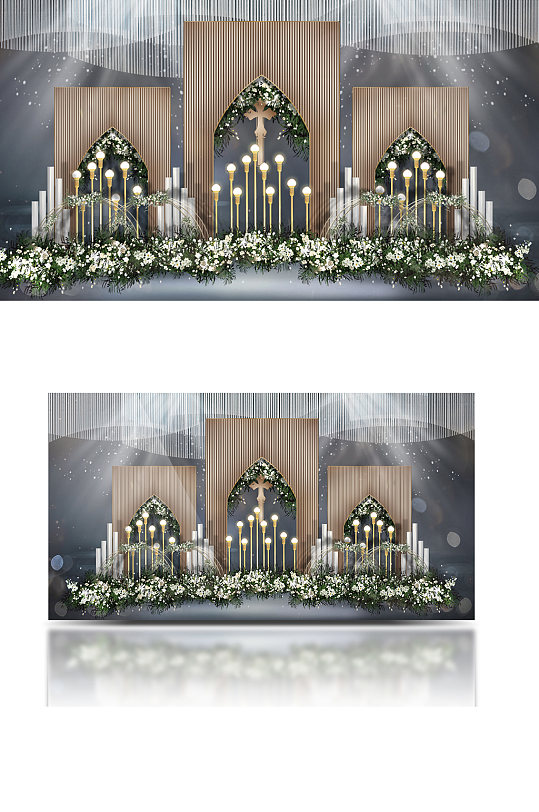 教堂婚礼效果图设计香槟色迎宾合影