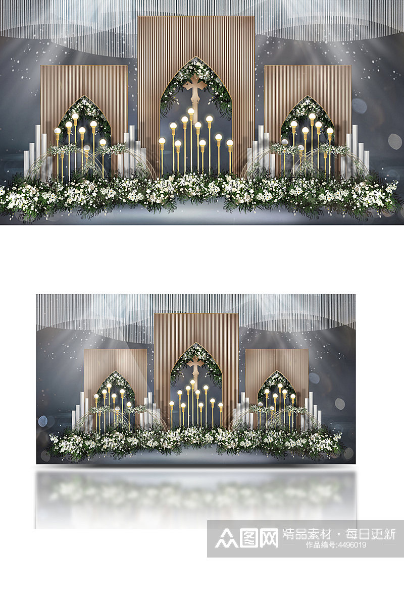 教堂婚礼效果图设计香槟色迎宾合影素材
