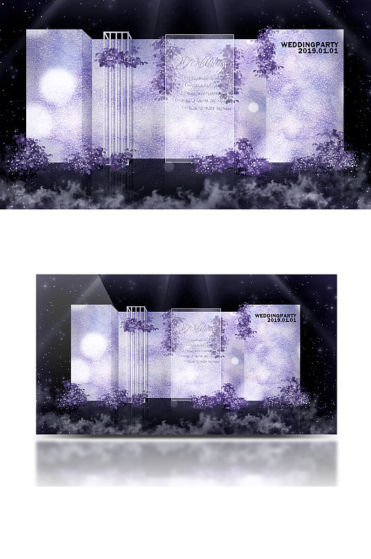 浅紫色简约婚礼效果图梦幻合影迎宾背景板-众图网