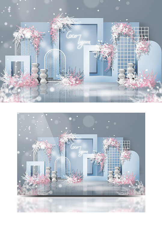 唯美洞穴风蓝粉撞色小清新婚礼效果图背景板-众图网