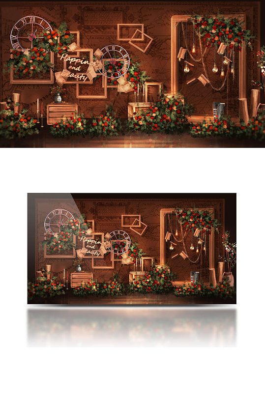 原创美式乡村婚礼效果图合影迎宾背景板复古-众图网