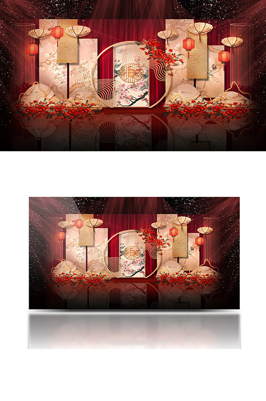 中式红金简约主题婚礼舞台合影迎宾背景板-众图网