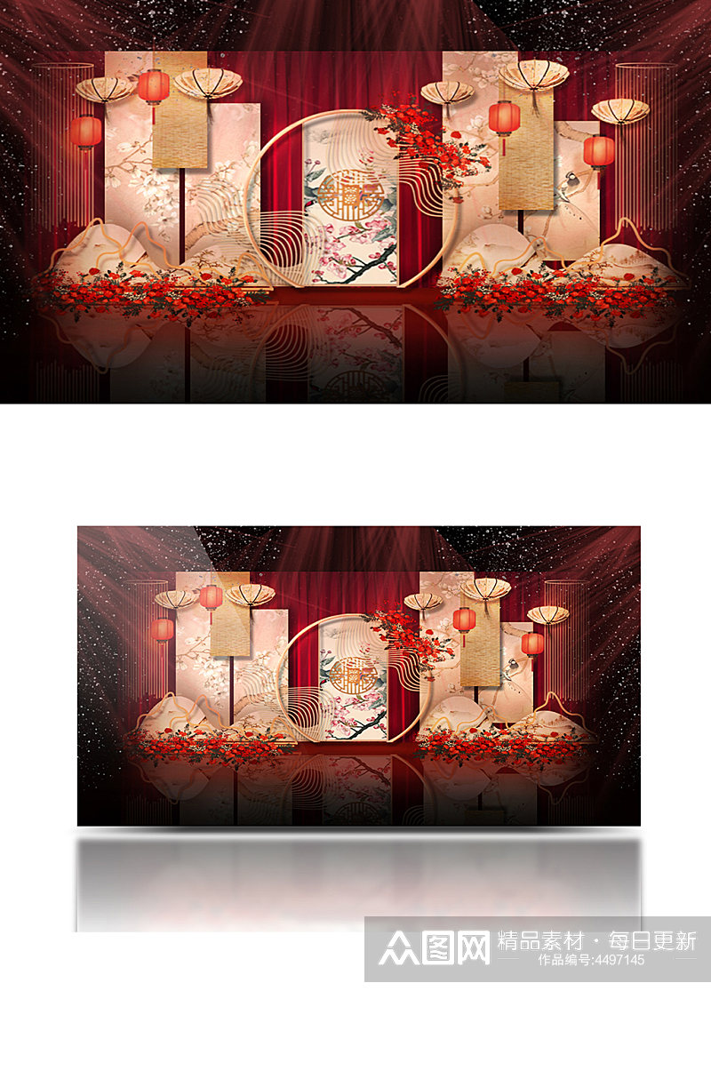 中式红金简约主题婚礼舞台合影迎宾背景板素材