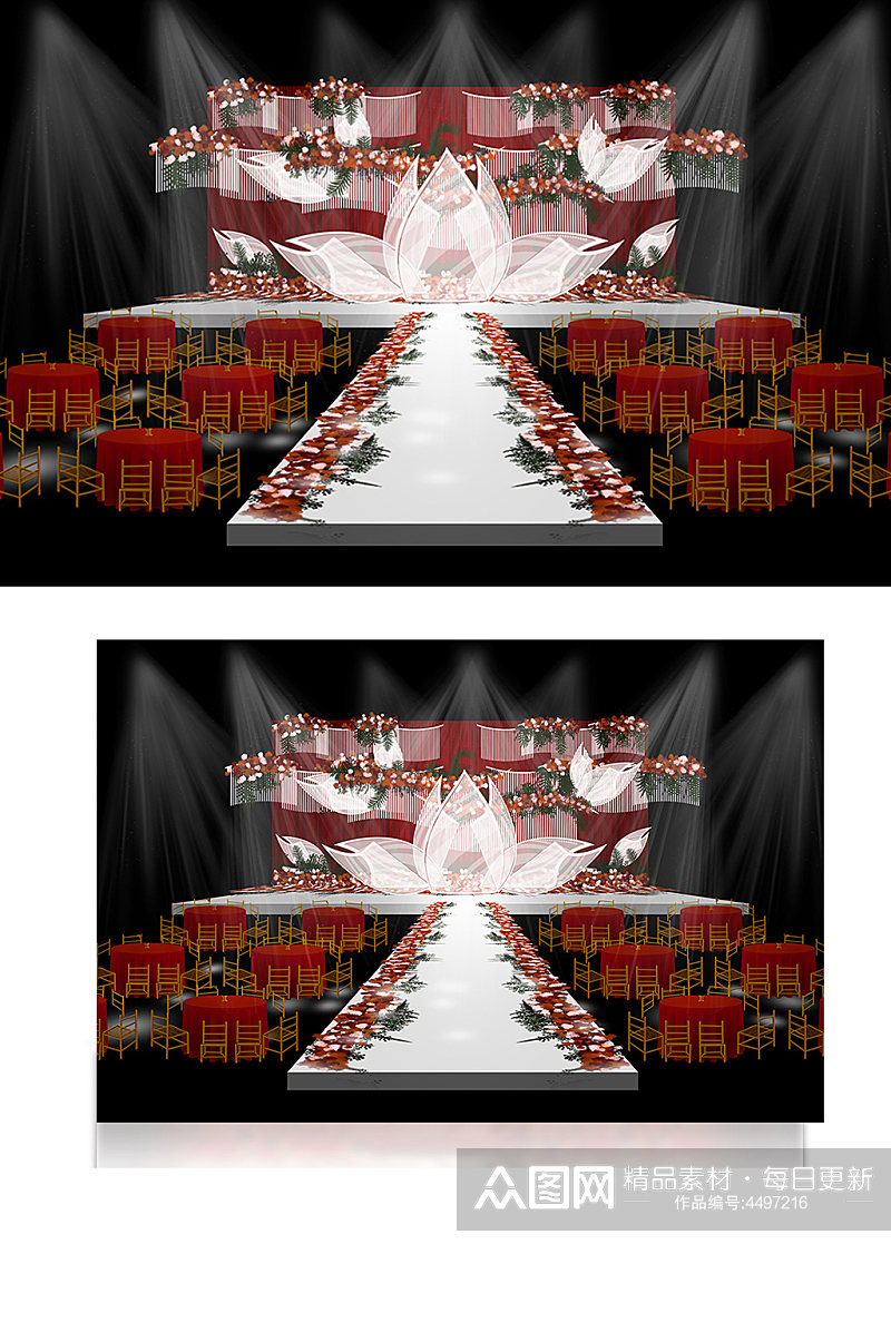 森系婚礼效果图舞台红白色仪式区浪漫素材