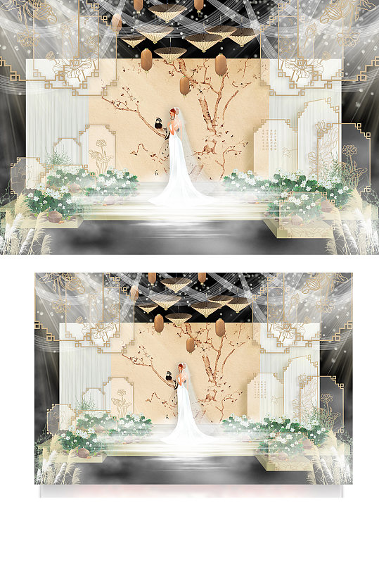新中式婚礼中心舞台效果图浪漫合影背景板-众图网