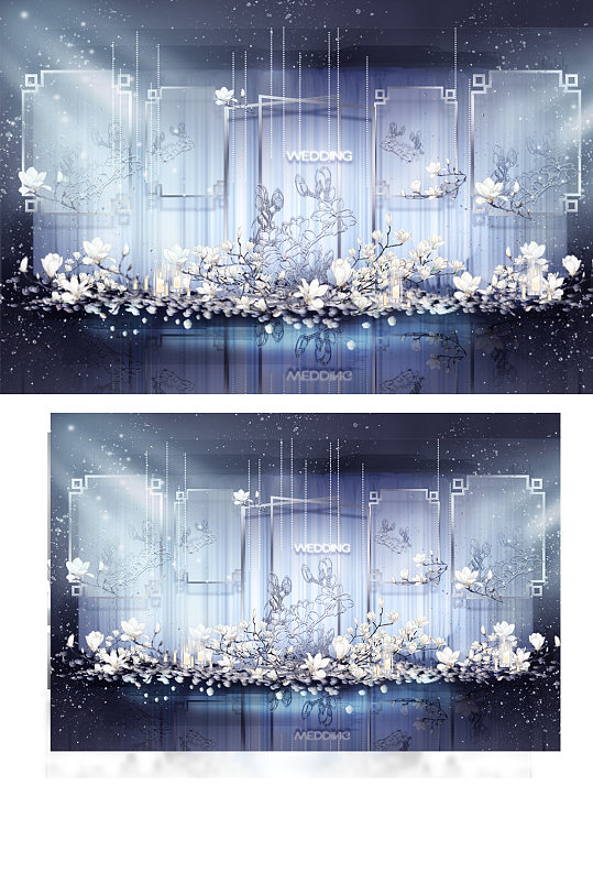 新中式婚礼合影区效果图蓝色复古背景板