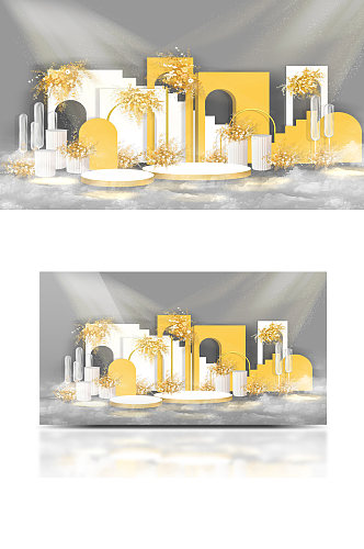 春季柠檬奶油黄色调婚礼手绘效果图背景板