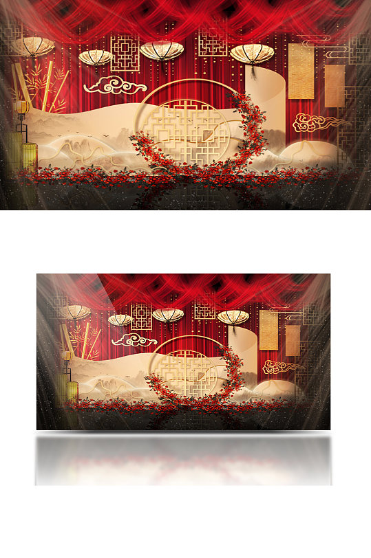 香槟红金新中式主题婚礼合影舞台背景板-众图网