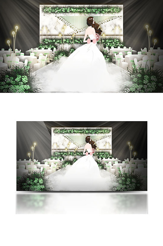 大理石纹白色婚礼效果图舞台仪式区清新绿色