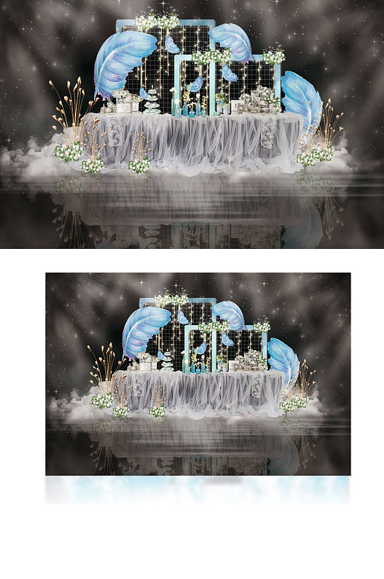 简约蓝青色家居风婚礼甜品区工装效果图梦幻-众图网