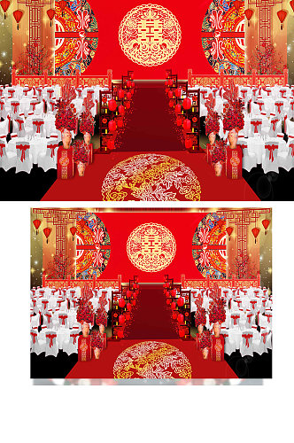 红色中式婚礼效果图大气舞台浪漫仪式区