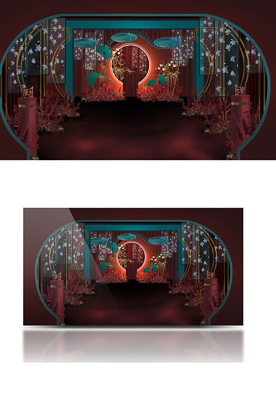 中式婚礼迎宾区效果图大气红绿色背景板-众图网