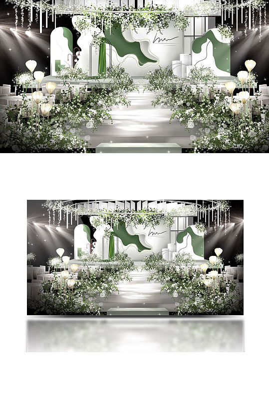 简约线条白绿色婚礼效果图舞台仪式区-众图网