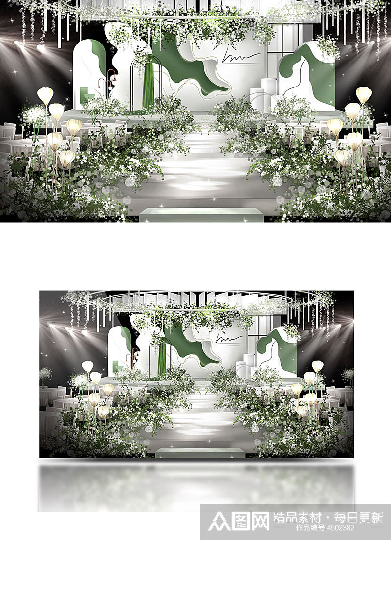 简约线条白绿色婚礼效果图舞台仪式区素材