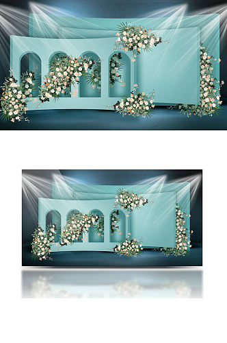 原创蓝绿色婚礼效果图设计简约合影背景板