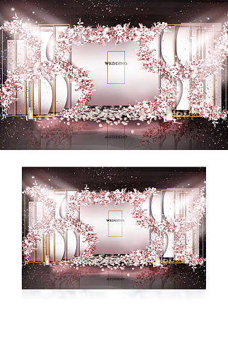 粉色婚礼合影区效果图花艺高端迎宾背景板