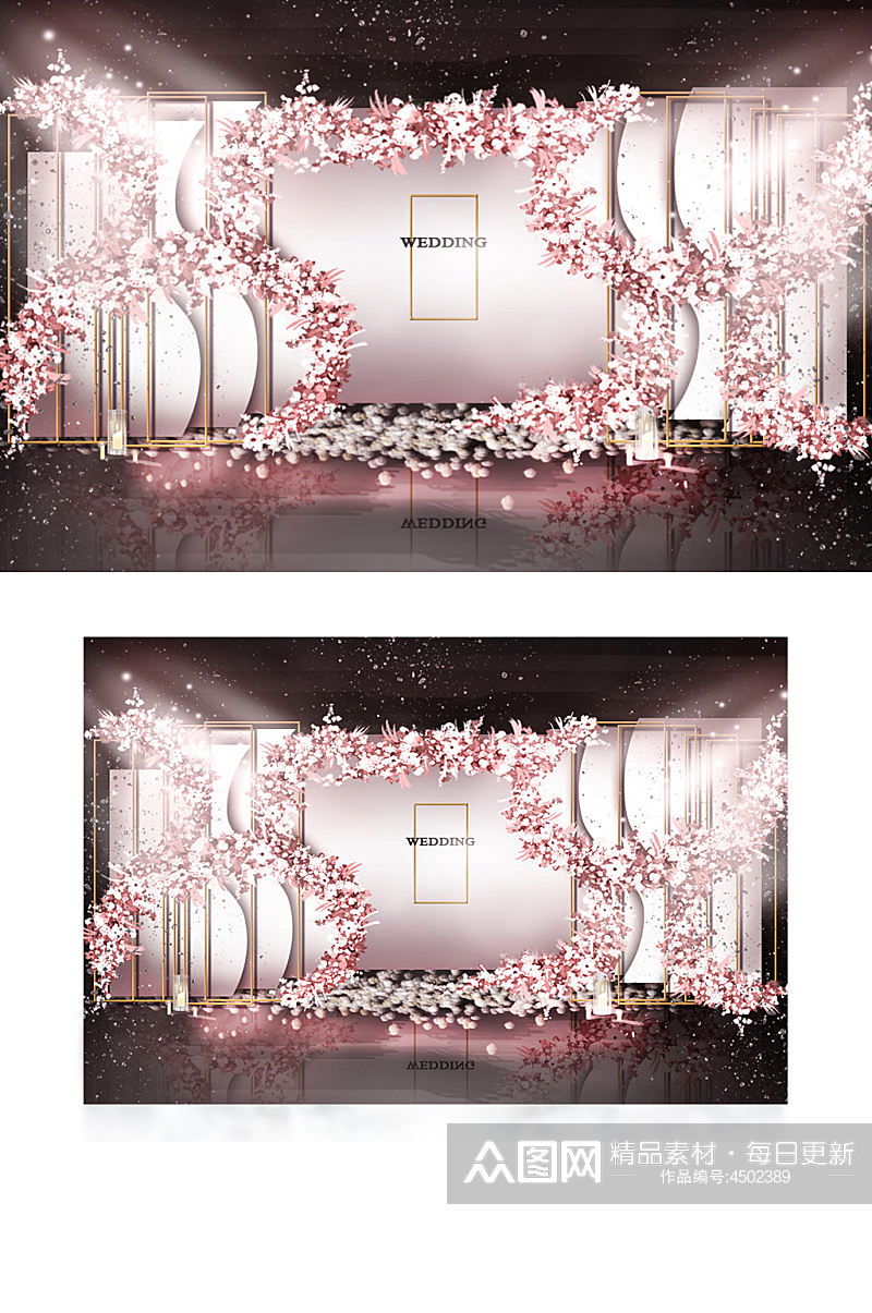 粉色婚礼合影区效果图花艺高端迎宾背景板素材