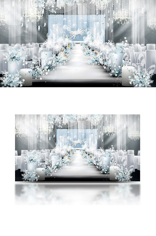 蓝色梦幻室内婚礼效果图水晶吊顶舞台仪式区