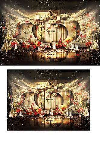 新中式婚礼合影区效果图红金色舞台背景板