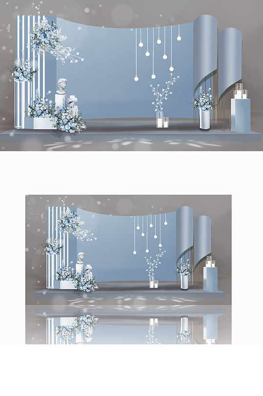 原创蓝色雾霾蓝婚礼设计效果图合影背景板