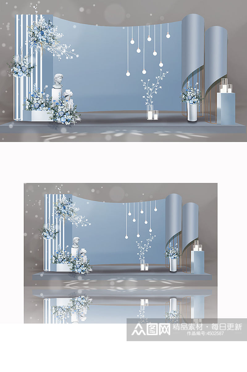 原创蓝色雾霾蓝婚礼设计效果图合影背景板素材