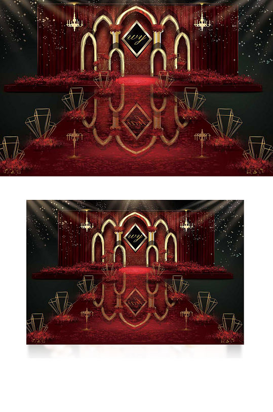 欧式红金婚礼效果图舞台仪式区大气浪漫-众图网