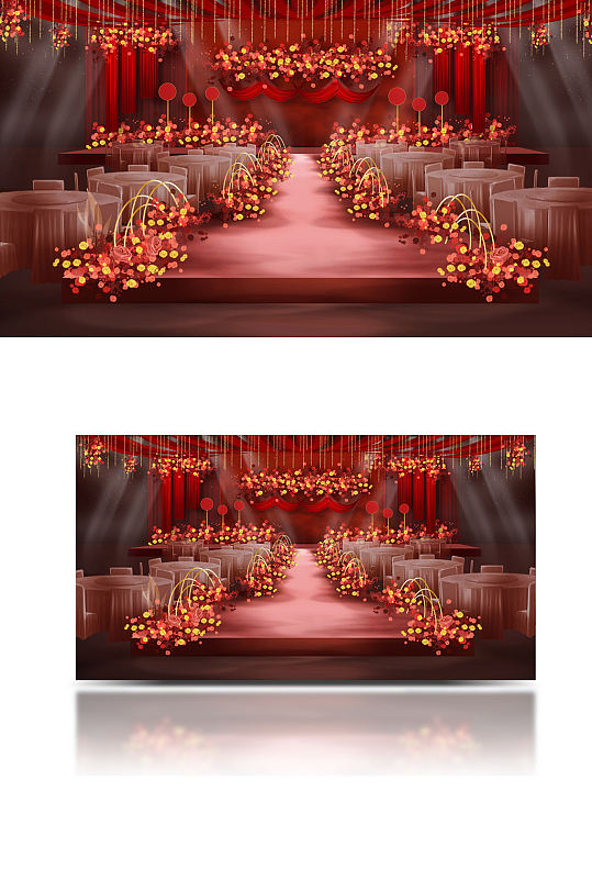 红色婚礼舞台设计效果图仪式区花艺浪漫-众图网