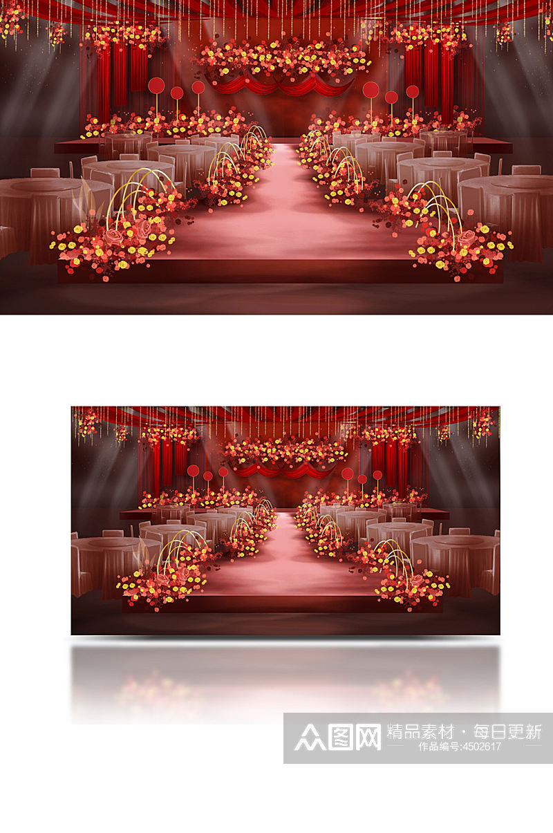 红色婚礼舞台设计效果图仪式区花艺浪漫素材