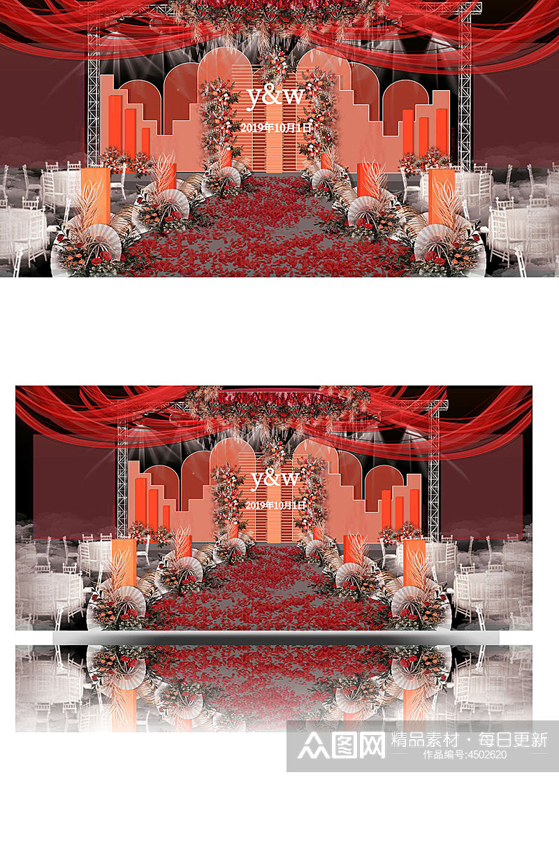 红色婚礼效果图设计舞台仪式区浪漫温馨素材