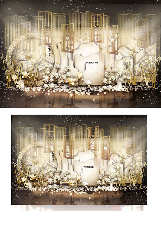 新中式婚礼合影区效果图香槟色背景板迎宾-众图网