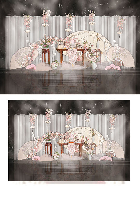 粉色新中式桃花甜品婚礼工装效果图背景板