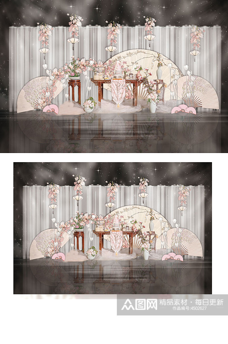粉色新中式桃花甜品婚礼工装效果图背景板素材