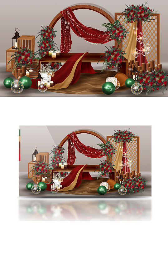 咖红绿撞色复古森系婚礼效果图圣诞布幔-众图网