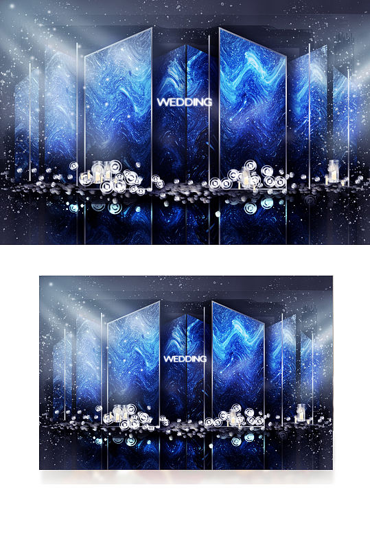 蓝色星空婚礼合影区效果图梦幻迎宾背景板-众图网