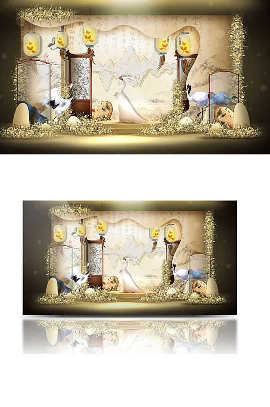 梦幻新中式展示迎宾区婚礼效果图香槟金背景-众图网