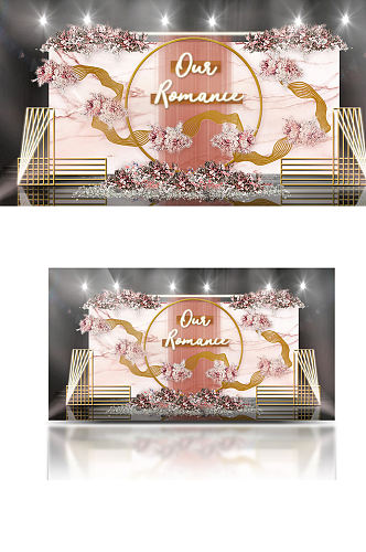 粉色大理石背景粉色纱幔屏风优雅婚礼效果图