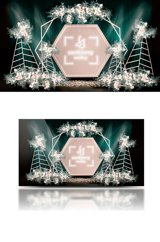 绿色森系婚礼迎宾区效果图梦幻花艺背景板-众图网