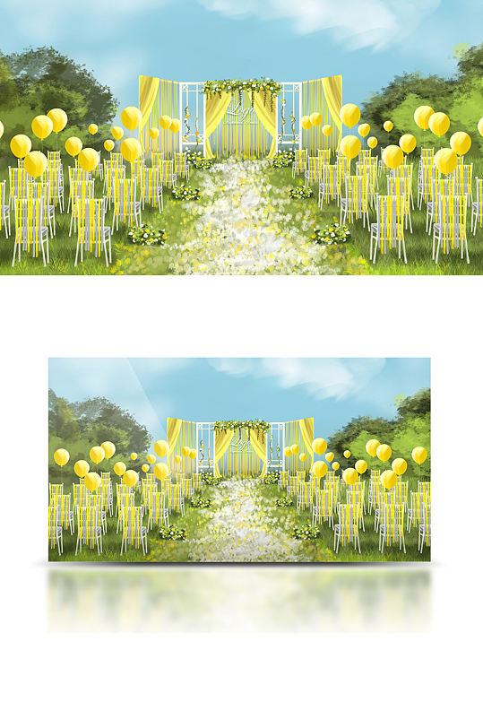 ins风户外黄色气球婚礼效果图草坪仪式区-众图网