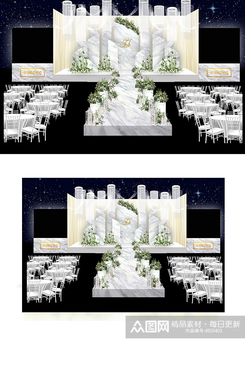 白绿色大理石婚礼舞台清新仪式区浪漫素材