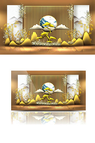 梦幻新中式隔断山水婚礼效果图黄色背景合影