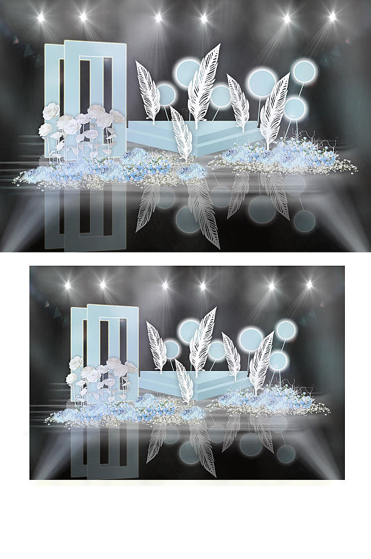 蓝色双层舞台镂空屏风雕塑婚礼效果图背景