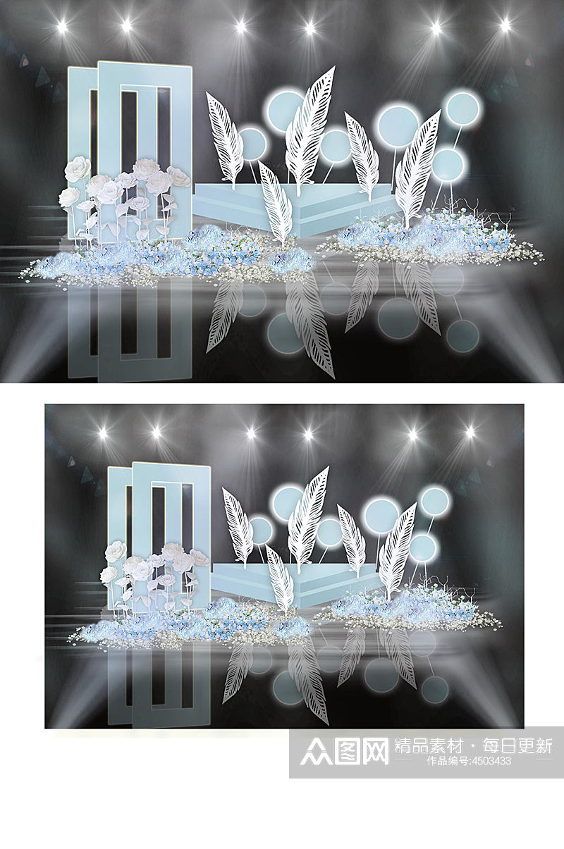 蓝色双层舞台镂空屏风雕塑婚礼效果图背景素材