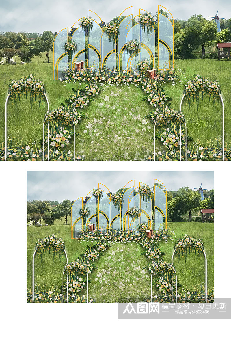 仪式婚礼效果图户外草坪清新舞台仪式区素材